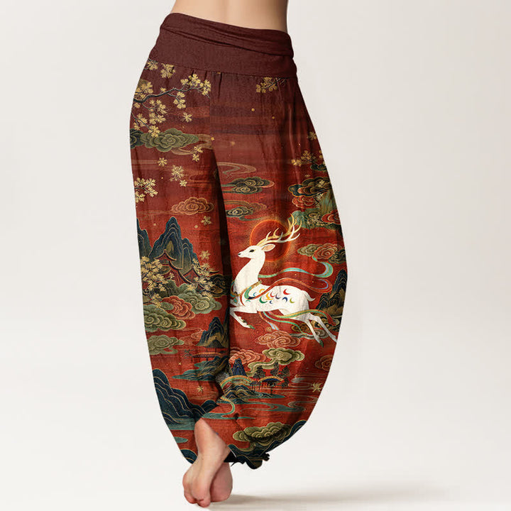 Buddha Stones Cotton White Deer Mountain Pattern Women's Elastic Waist Harem Pants - image 2