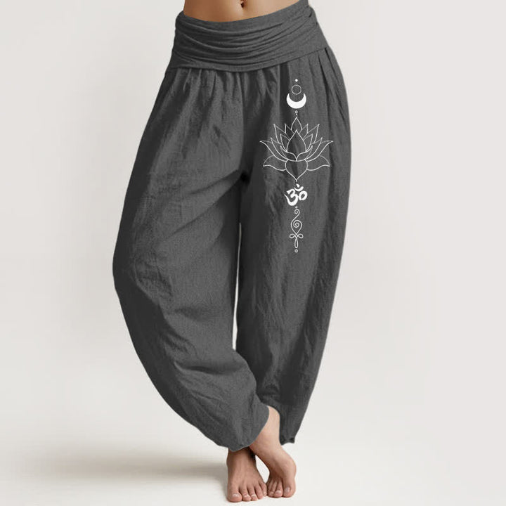 Buddha Stones Pure Cotton Lotus Moon Om Pattern Women's Elastic Waist Harem Pants - DimGray - US16，UK/AU20，EU48 (3XL) - image 11