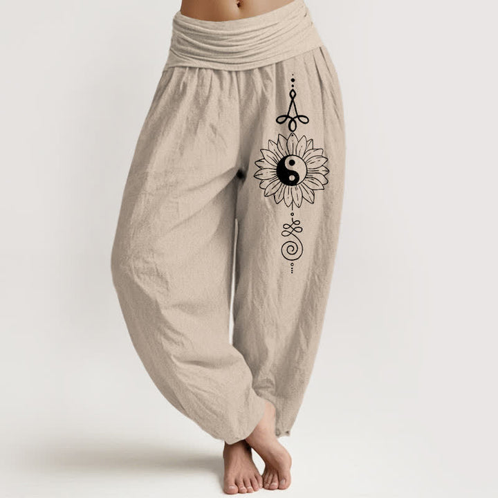 Buddha Stones Pure Cotton Sunflower Yin Yang Pattern Women's Elastic Waist Harem Pants - Tan - US16，UK/AU20，EU48 (3XL) - image 0