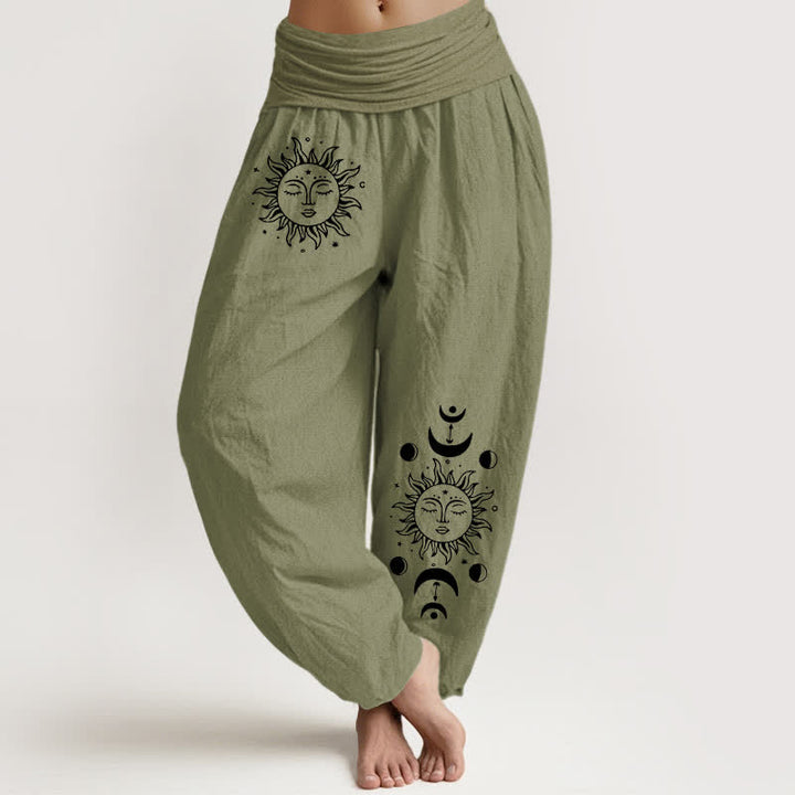 Buddha Stones Pure Cotton Sun Moon Pattern Women's Elastic Waist Harem Pants - OliveDrab - US16，UK/AU20，EU48 (3XL) - image 14