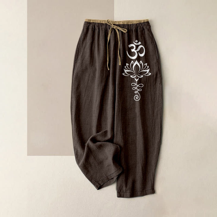 Buddha Stones Pure Cotton Zen Lotus Om Pattern Women's Elastic Waist Pants With Pockets - SaddleBrown - US16，UK/AU20，EU48 (3XL) - image 0