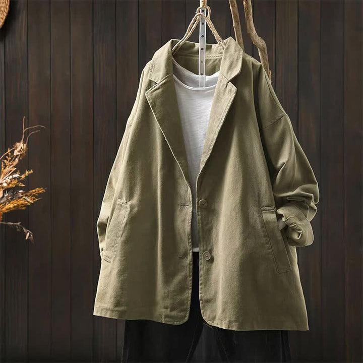 Buddha Stones Spring Fall Buttons Lapel Collar Long Sleeve Mid-length Women's Jacket With Pockets - DarkKhaki - US4-8/10，UK/AU8-12/14，EU36-40/42 (F) - image 24