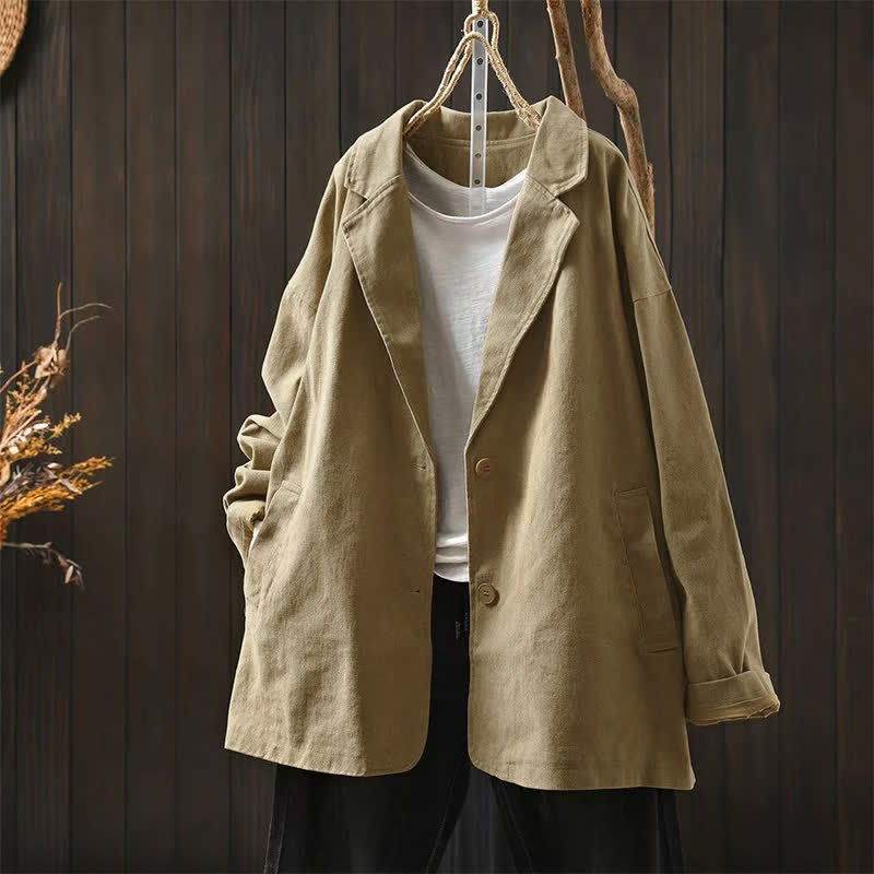 Buddha Stones Spring Fall Buttons Lapel Collar Long Sleeve Mid-length Women's Jacket With Pockets - Wheat - US4-8/10，UK/AU8-12/14，EU36-40/42 (F) - image 0
