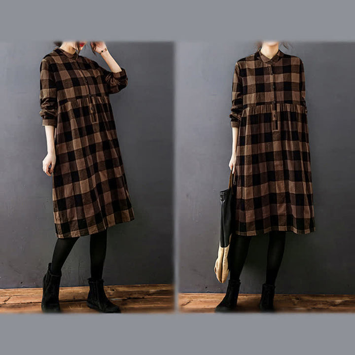 Buddha Stones Commute Patchwork Color Plaid Long Sleeve Midi Dress - image 10