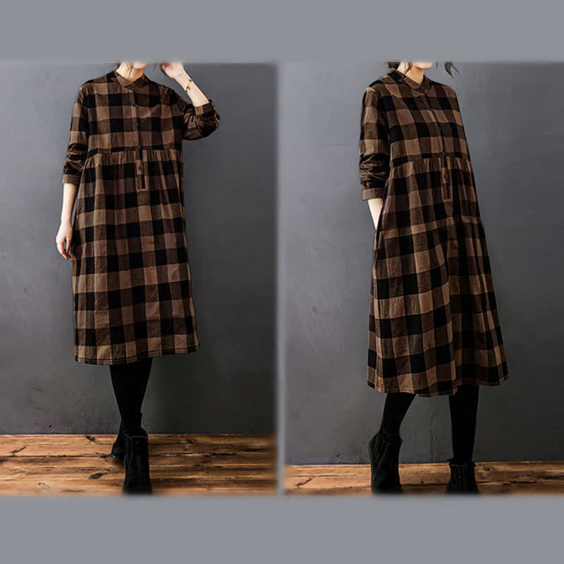 Buddha Stones Commute Patchwork Color Plaid Long Sleeve Midi Dress - image 9