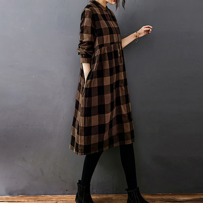 Buddha Stones Commute Patchwork Color Plaid Long Sleeve Midi Dress - image 8