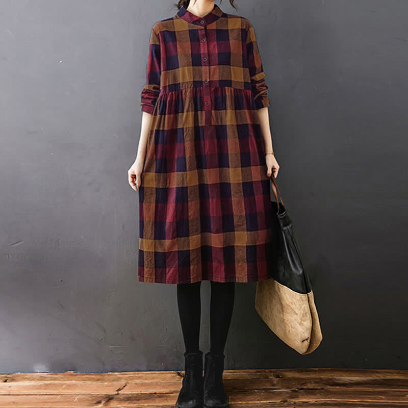 Buddha Stones Commute Patchwork Color Plaid Long Sleeve Midi Dress - image 16