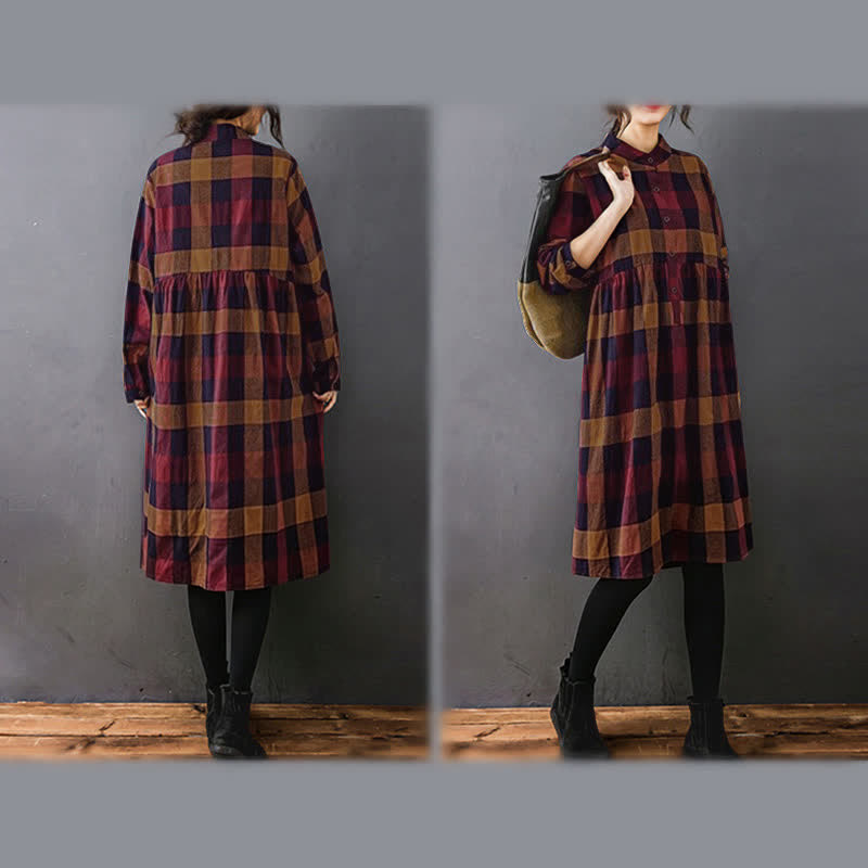 Buddha Stones Commute Patchwork Color Plaid Long Sleeve Midi Dress - image 20