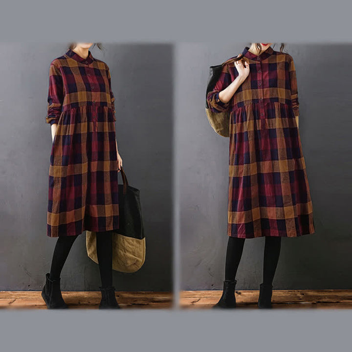 Buddha Stones Commute Patchwork Color Plaid Long Sleeve Midi Dress - image 19