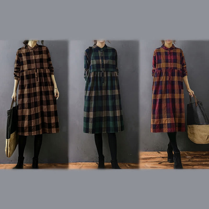 Buddha Stones Commute Patchwork Color Plaid Long Sleeve Midi Dress - image 21