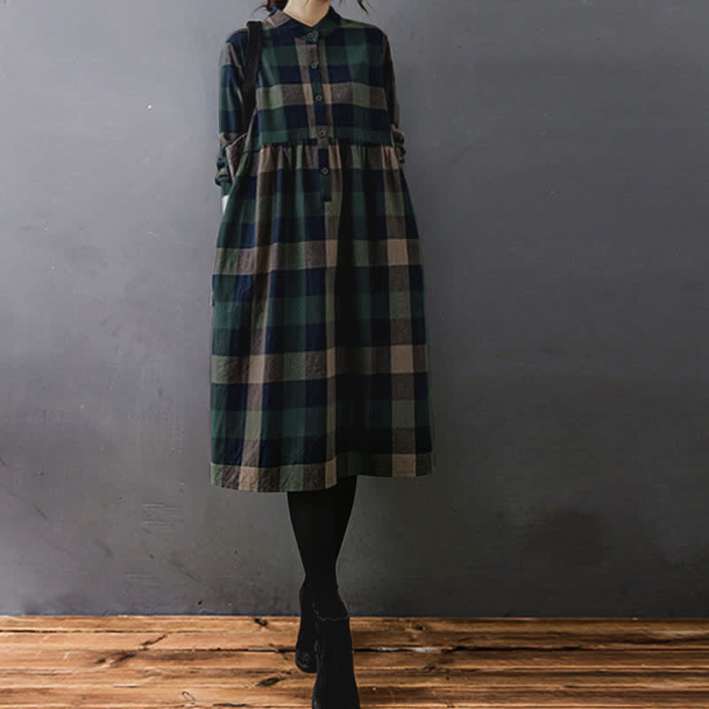 Buddha Stones Commute Patchwork Color Plaid Long Sleeve Midi Dress - image 1