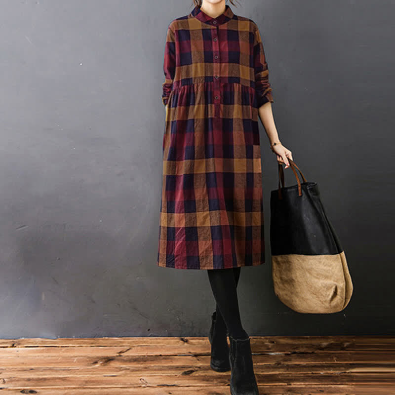 Buddha Stones Commute Patchwork Color Plaid Long Sleeve Midi Dress - image 17
