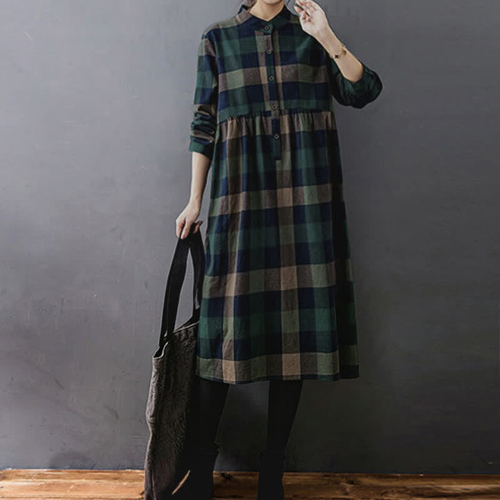 Buddha Stones Commute Patchwork Color Plaid Long Sleeve Midi Dress - image 2