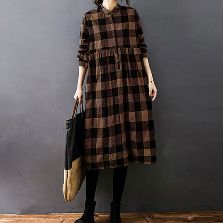 Buddha Stones Commute Patchwork Color Plaid Long Sleeve Midi Dress - image 7