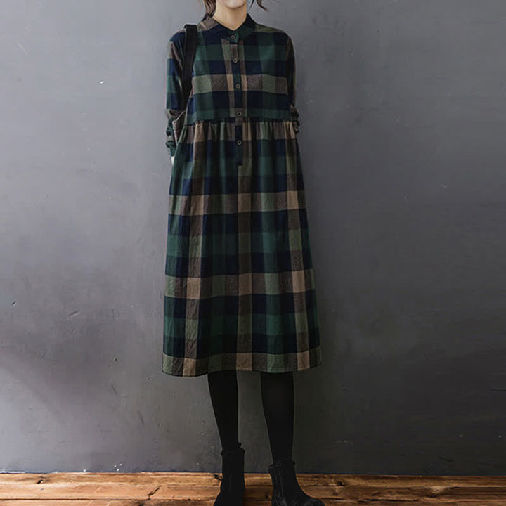 Buddha Stones Commute Patchwork Color Plaid Long Sleeve Midi Dress - DarkGreen DarkBlue Plaid - US8-10，UK/AU12-14，EU40-42 (2XL) - image 0