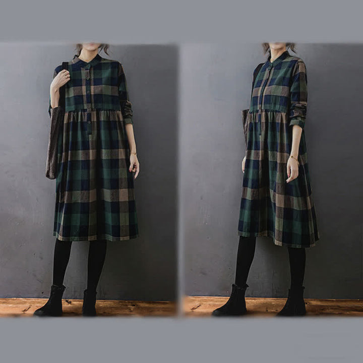 Buddha Stones Commute Patchwork Color Plaid Long Sleeve Midi Dress - image 5