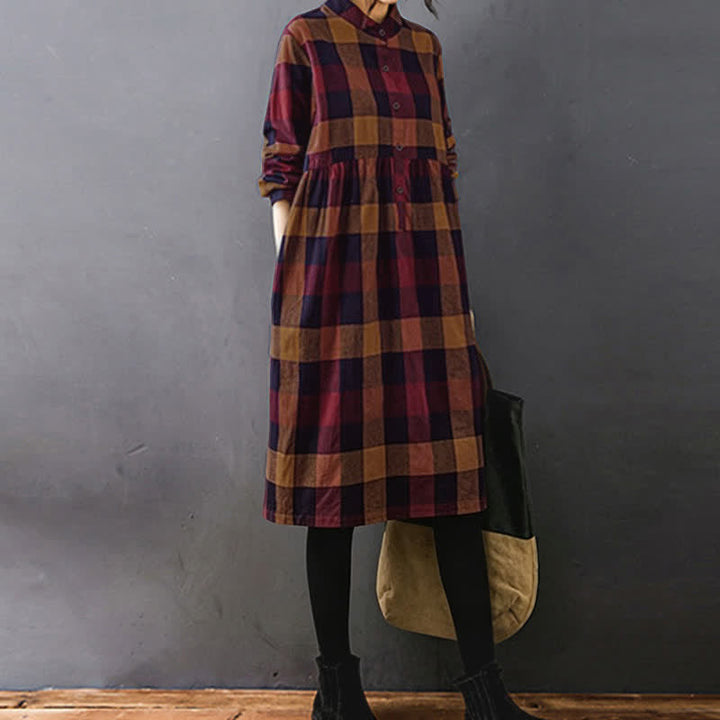 Buddha Stones Commute Patchwork Color Plaid Long Sleeve Midi Dress - image 18