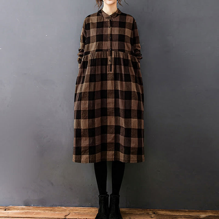 Buddha Stones Commute Patchwork Color Plaid Long Sleeve Midi Dress - Black SandyBrown Plaid - US8-10，UK/AU12-14，EU40-42 (2XL) - image 6