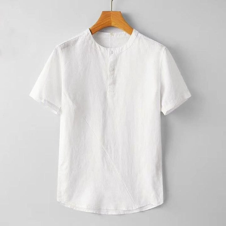 Buddha Stones Solid Color Short Sleeve Two Top Buttons Polyseter Linen Men's Shirt - White - US/UK/AU44，EU54 (4XL) - image 1