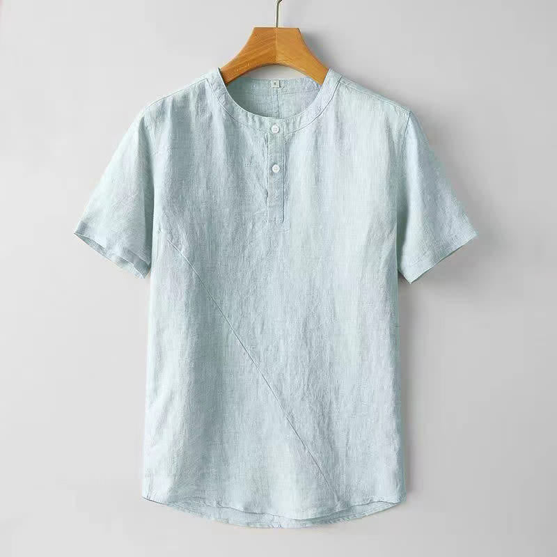 Buddha Stones Solid Color Short Sleeve Two Top Buttons Polyseter Linen Men's Shirt - PaleTurquoise - US/UK/AU44，EU54 (4XL) - image 7