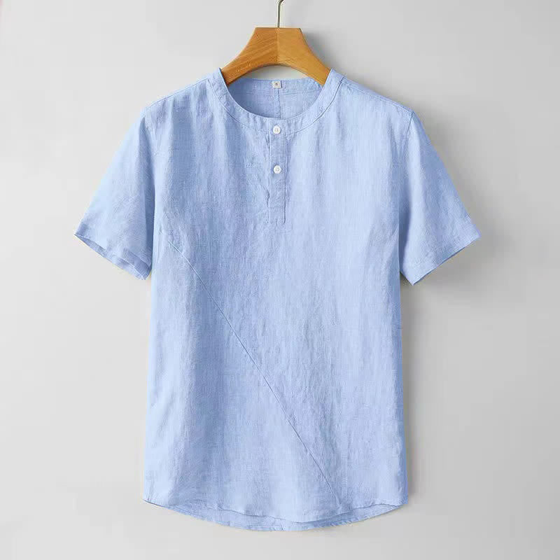 Buddha Stones Solid Color Short Sleeve Two Top Buttons Polyseter Linen Men's Shirt - LightSkyBlue - US/UK/AU44，EU54 (4XL) - image 6