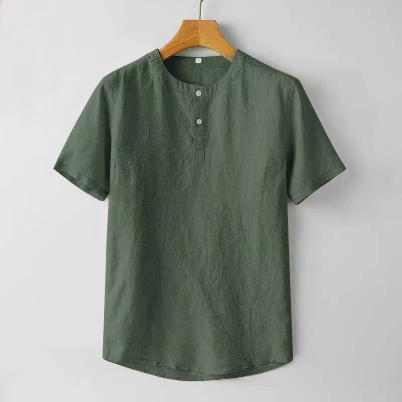 Buddha Stones Solid Color Short Sleeve Two Top Buttons Polyseter Linen Men's Shirt - Olive - US/UK/AU44，EU54 (4XL) - image 8
