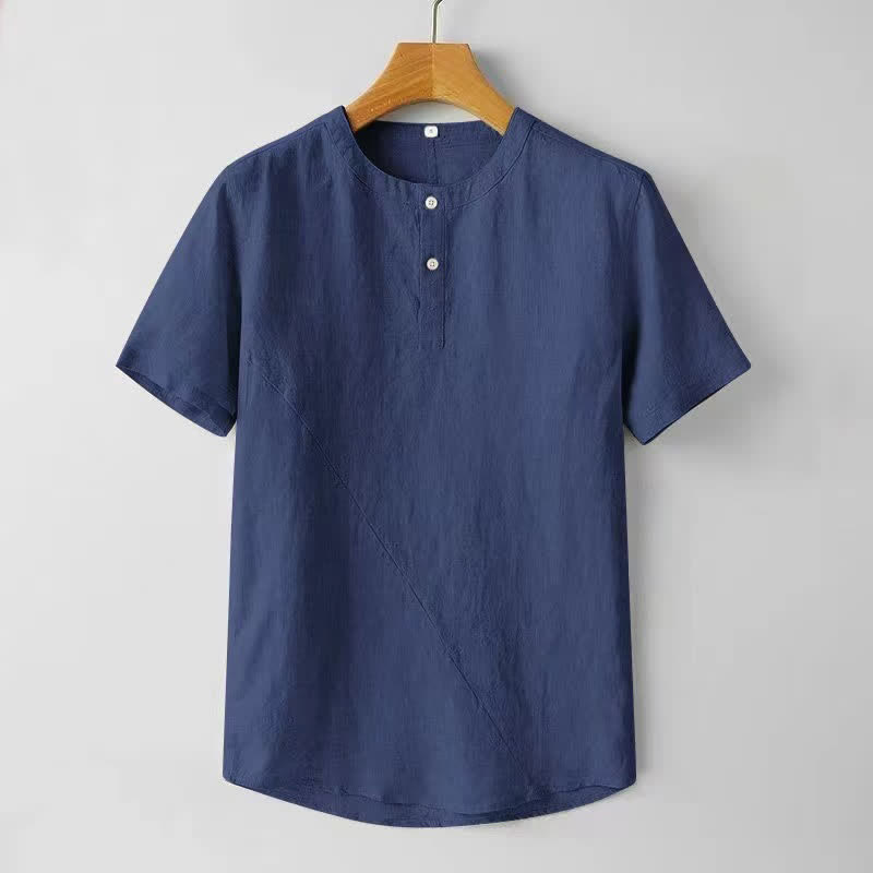 Buddha Stones Solid Color Short Sleeve Two Top Buttons Polyseter Linen Men's Shirt - DarkBlue - US/UK/AU44，EU54 (4XL) - image 0