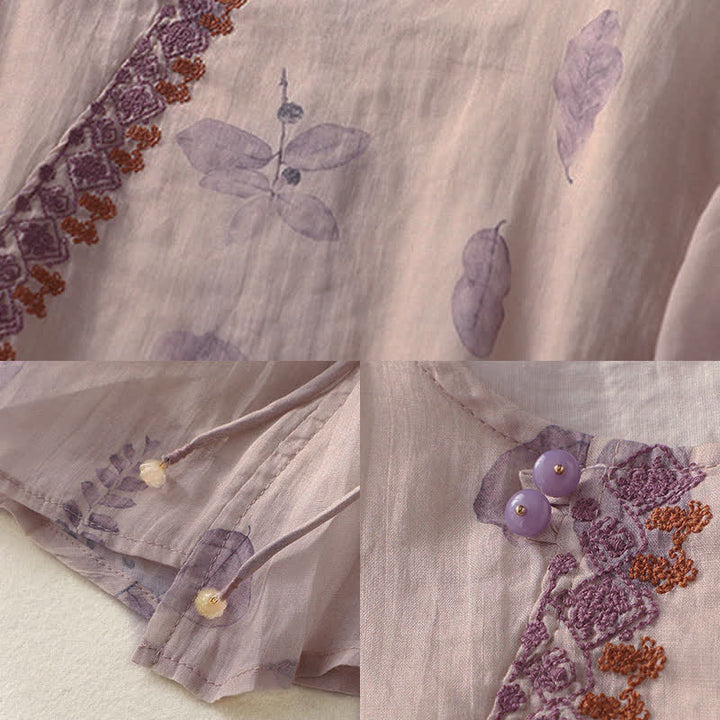 Buddha Stones Embroidery Design Leaves Women's Cotton Linen Three Quarter Sleeve Shirt - image 11