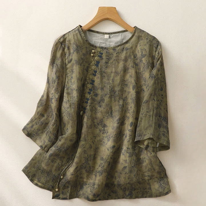 Buddha Stones Embroidery Design Leaves Women's Cotton Linen Three Quarter Sleeve Shirt - OliveDrab - US12，UK/AU16，EU44 (2XL) - image 14
