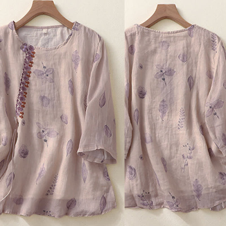 Buddha Stones Embroidery Design Leaves Women's Cotton Linen Three Quarter Sleeve Shirt - image 2