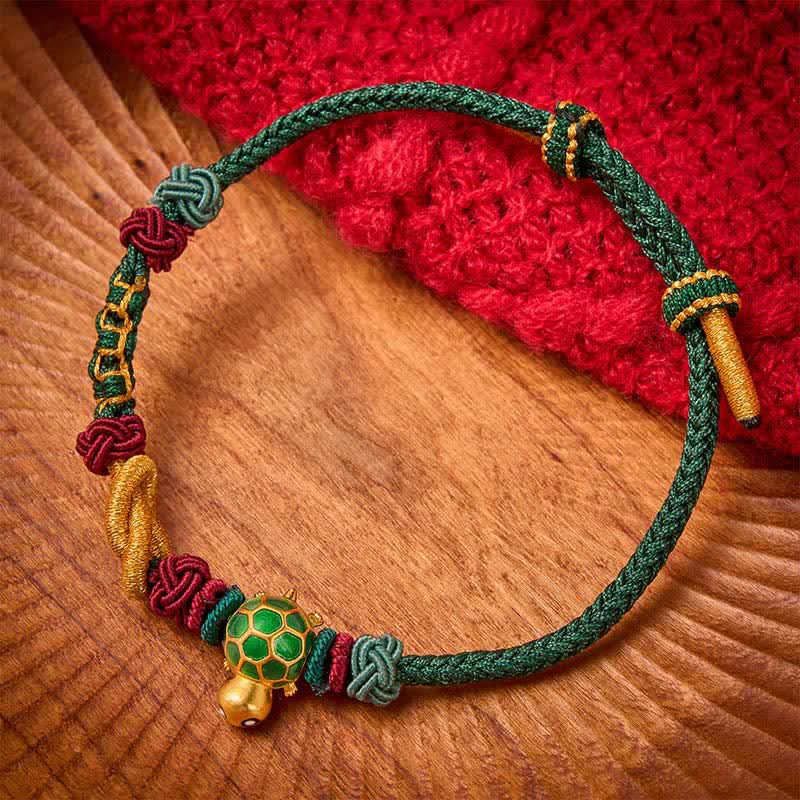 Buddha Stones Hand-Woven Copper Turtle Red String Protection Bracelet - Green String - image 9
