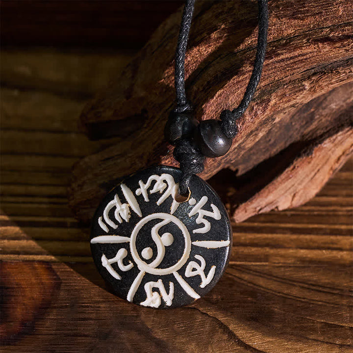 Buddha Stones Hand Carved Bone Bead Om Mani Padme Hum Yin Yang Protection Necklace - image 2