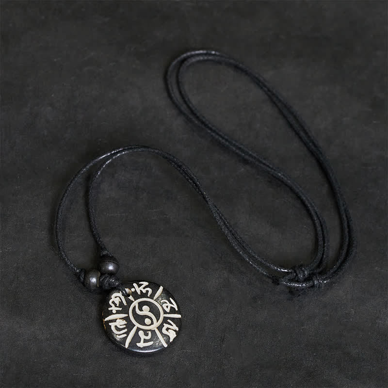 Buddha Stones Hand Carved Bone Bead Om Mani Padme Hum Yin Yang Protection Necklace - image 3