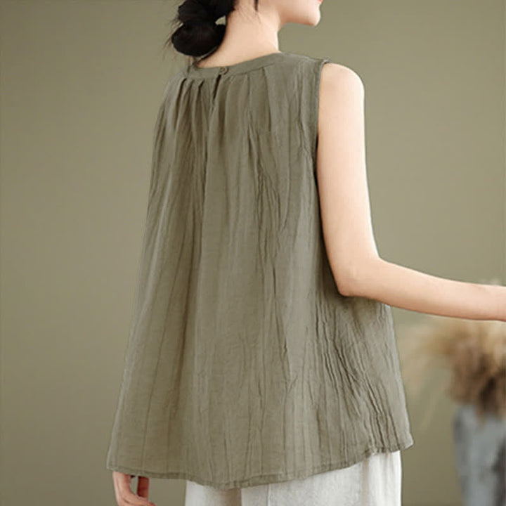Buddha Stones Summer Wrinkles Simple Design Crew Neck Women's Sleeveless Vest Waistcoat - image 3
