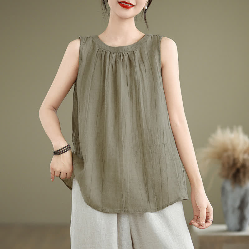 Buddha Stones Summer Wrinkles Simple Design Crew Neck Women's Sleeveless Vest Waistcoat - DarkKhaki - US8-10，UK/AU12-14，EU40-42 (2XL) - image 0
