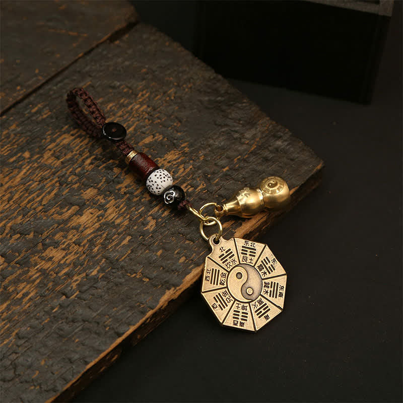 Buddha Stones Vintage Brass Bagua Pi Xiu Five Emperor Coins Pendant Protection Yin Yang Keychains - Bagua Plaque And Gourd - image 2