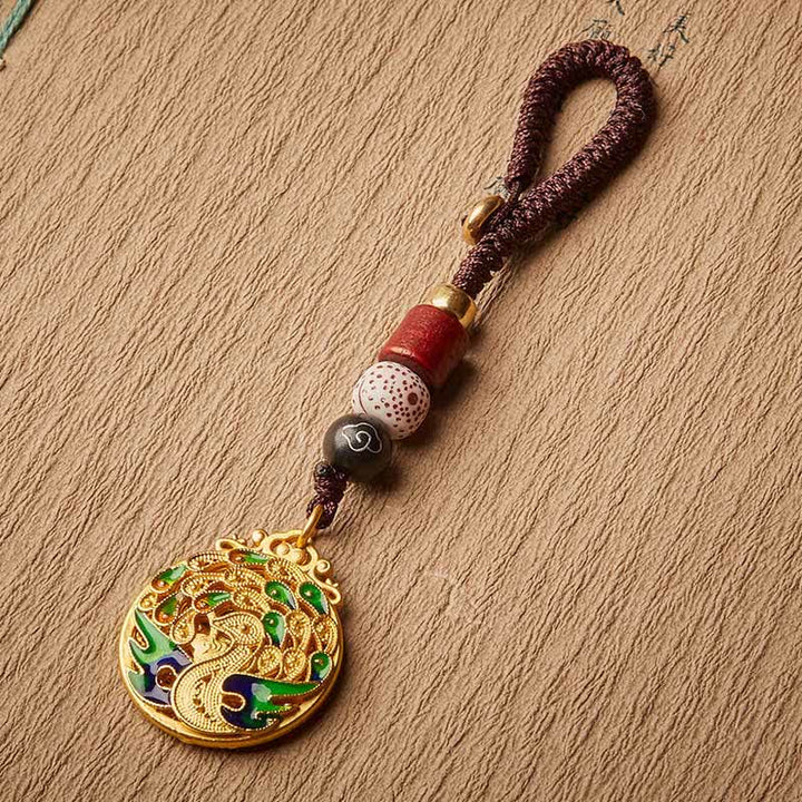 Buddha Stones Vintage Peacock Fu Character Copper Charm Keychains - image 2