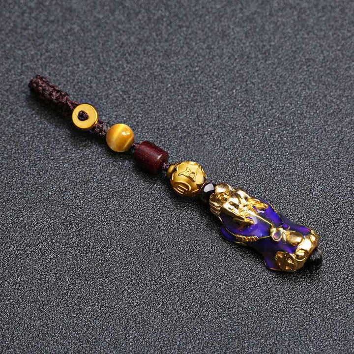 Buddha Stones Brass Color Change Pi Xiu Wealth Energy Braided Rope Car Keychains - image 1