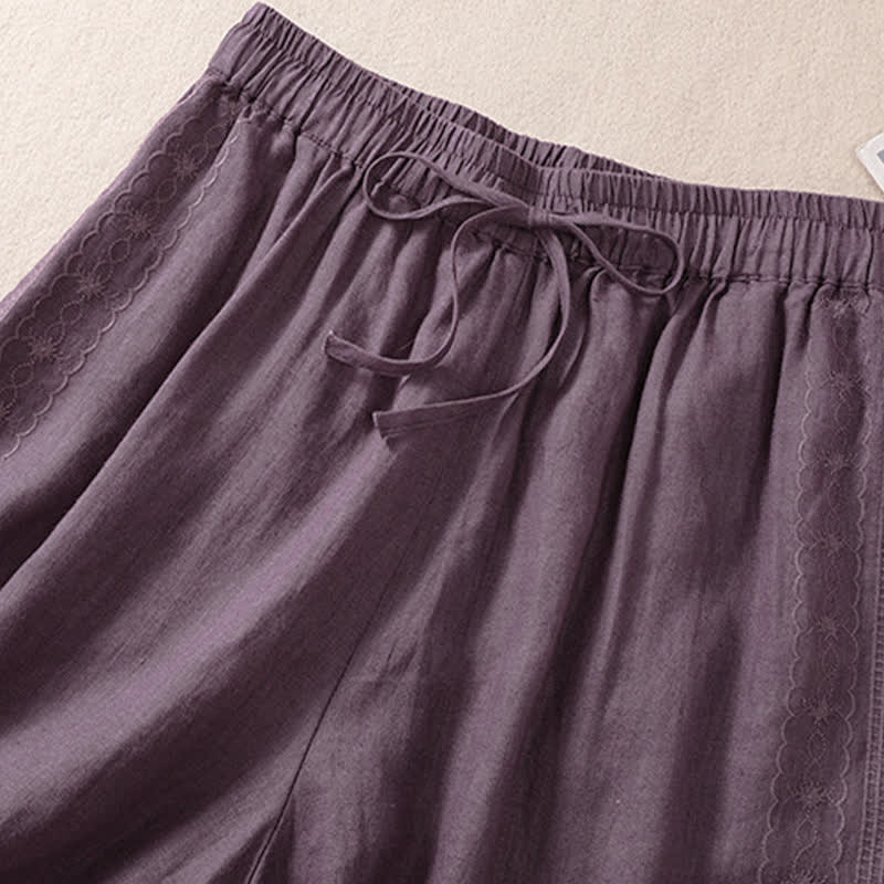 Buddha Stones Casual Floral Embroidery Pattern Drawstring Women's Shorts With Pockets - image 2
