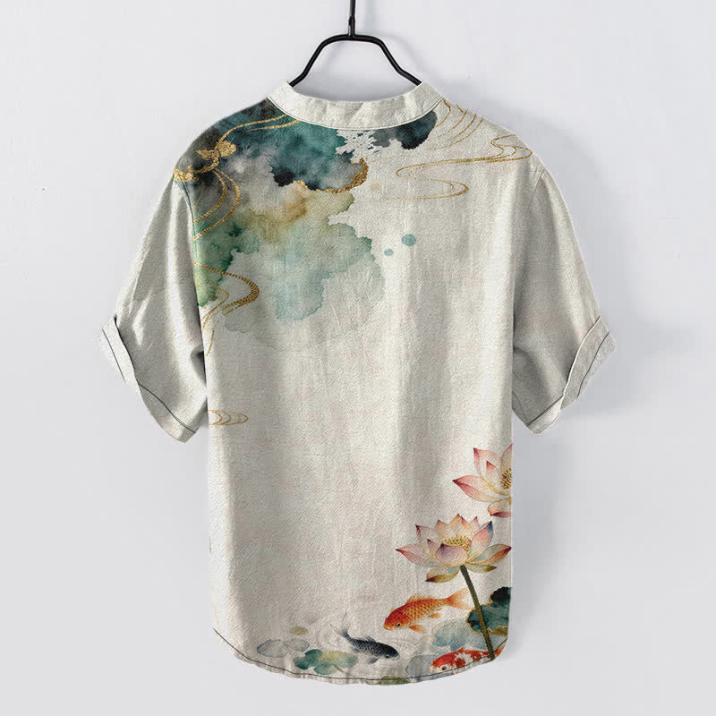 Buddha Stones Cotton Koi Fish Lotus Pattern Men's Short Sleeve Half Button Shirt - image 1