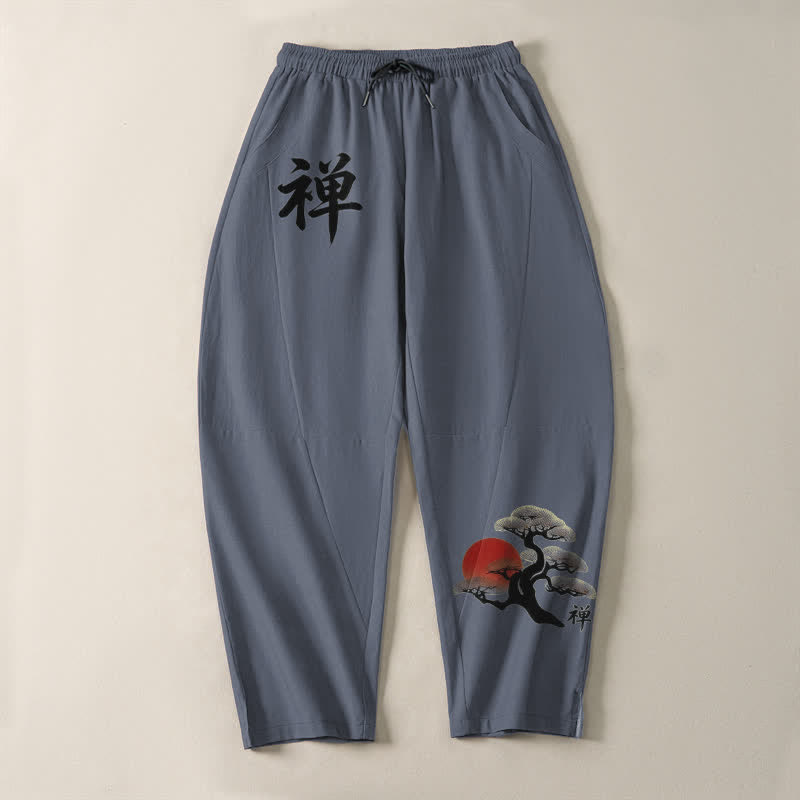 Buddha Stones Pure Cotton Zen Bonsai Sunset Pattern Drawstring Men's Tapered Pants With Pockets - image 2