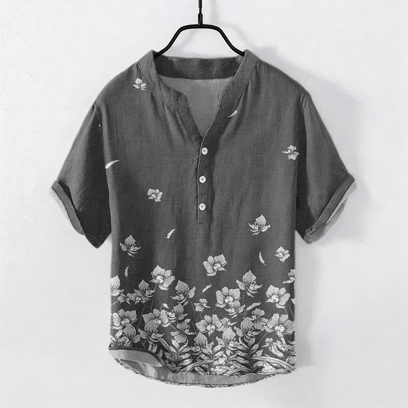 Buddha Stones Cotton White Floral Hem Pattern Men's Short Sleeve Half Button Shirt - DarkGray - US/UK/AU50，EU60 (5XL) - image 5
