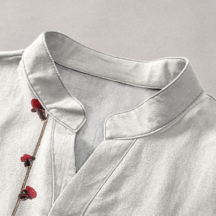 Buddha Stones Cotton Plum Blossom Bamboo Pattern Men's Short Sleeve Half Button Shirt - image 2