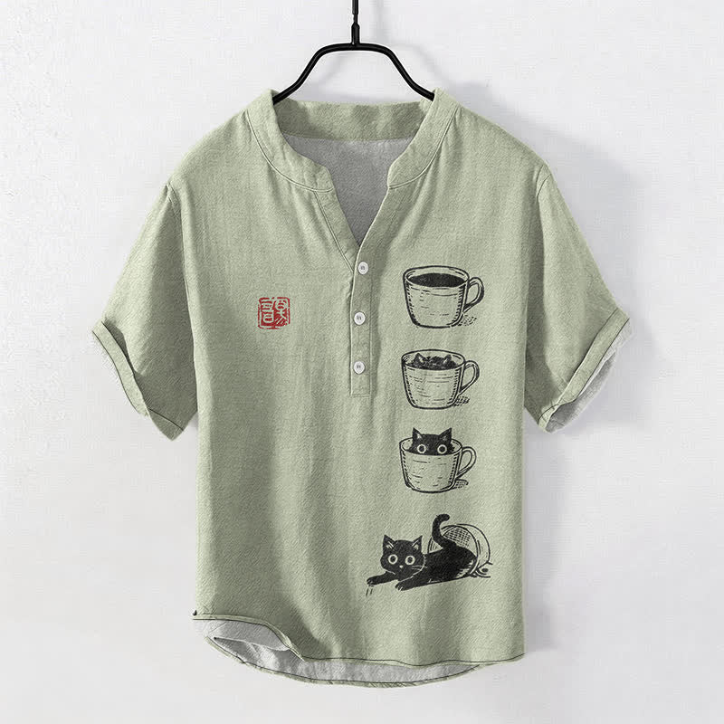 Buddha Stones Cotton Stacked Cups Cat Pattern Men's Short Sleeve Half Button Shirt - DarkSeaGreen - US/UK/AU50，EU60 (5XL) - image 7