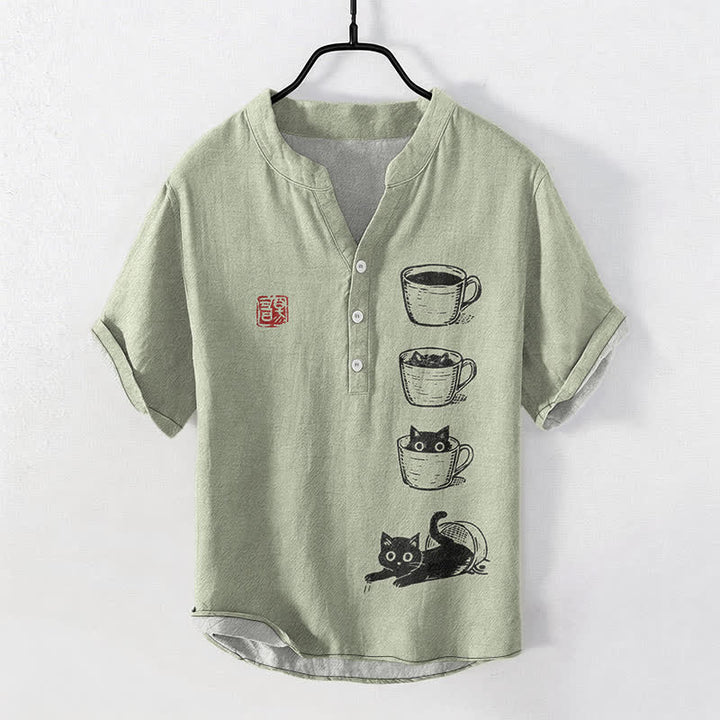 Buddha Stones Cotton Stacked Cups Cat Pattern Men's Short Sleeve Half Button Shirt - DarkSeaGreen - US/UK/AU50，EU60 (5XL) - image 7