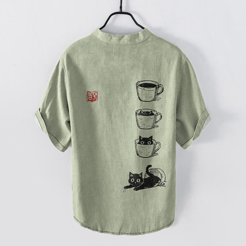 Buddha Stones Cotton Stacked Cups Cat Pattern Men's Short Sleeve Half Button Shirt - image 8