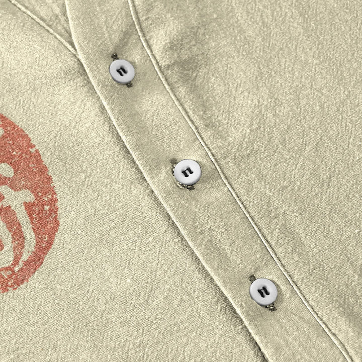 Buddha Stones Cotton Vintage Frog Seal Pattern Men's Short Sleeve Half Button Shirt - image 3