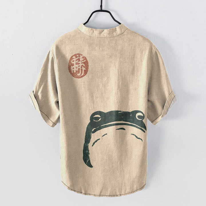 Buddha Stones Cotton Vintage Frog Seal Pattern Men's Short Sleeve Half Button Shirt - image 6