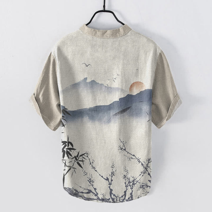 Buddha Stones Cotton Ink Mountain Sun Pattern Men's Short Sleeve Half Button Shirt - image 1