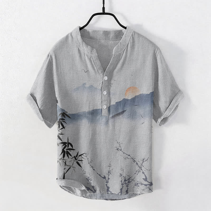 Buddha Stones Cotton Ink Mountain Sun Pattern Men's Short Sleeve Half Button Shirt - LightGrey - US/UK/AU50，EU60 (5XL) - image 5